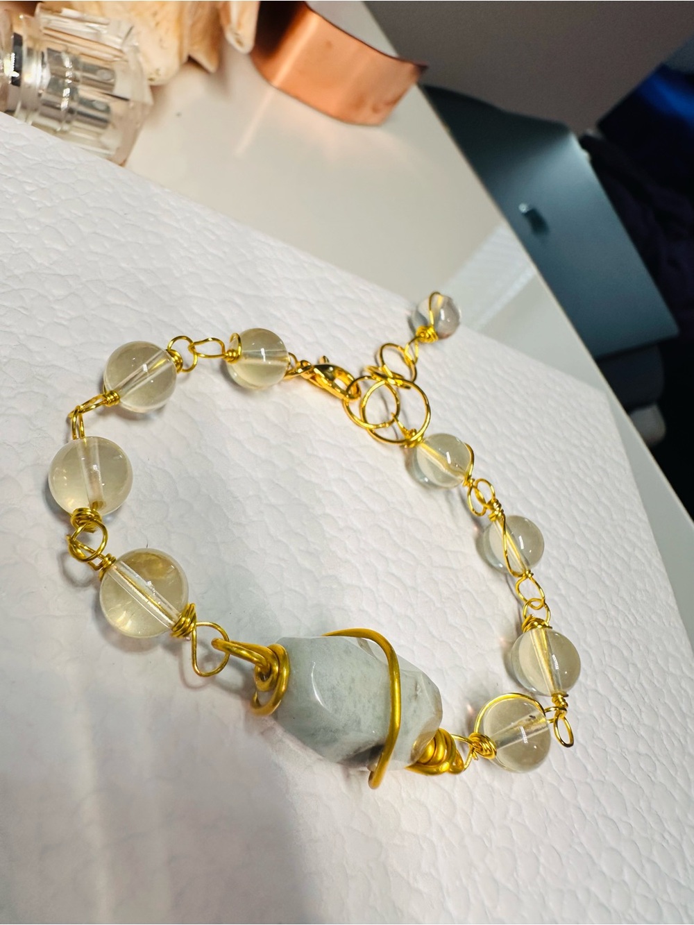 Gold Wire-Wrap lemon quartz stones + aquamarine Bracelet